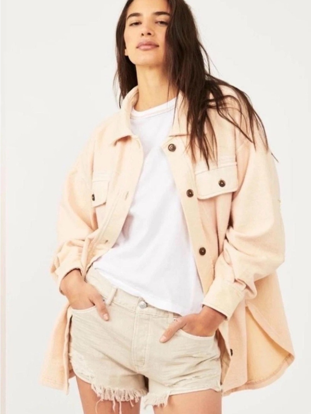 Free People Ruby Blush Peach Oversized Jacket Button Down Top XS Small Medium